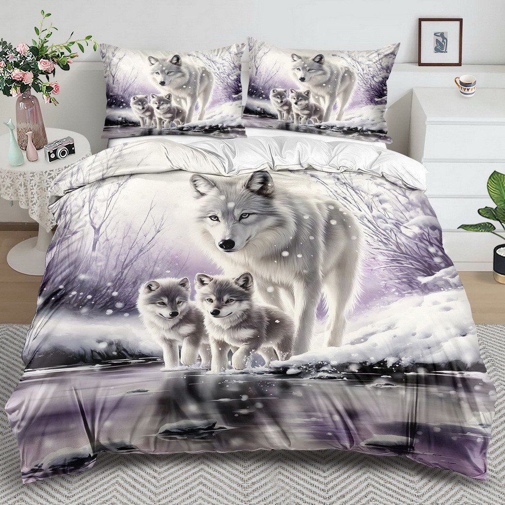TEMU / JIT transfronterizo impresión digital abrasión edredón kit tridimensional animal lobo blanco estilo textil para el hogar dibujo puede hacer