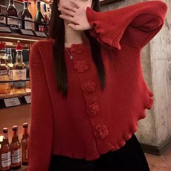 秋の女性のための立体的なバラの花の長袖セーター、甘いデザイン、耳のスリムフィットトップ