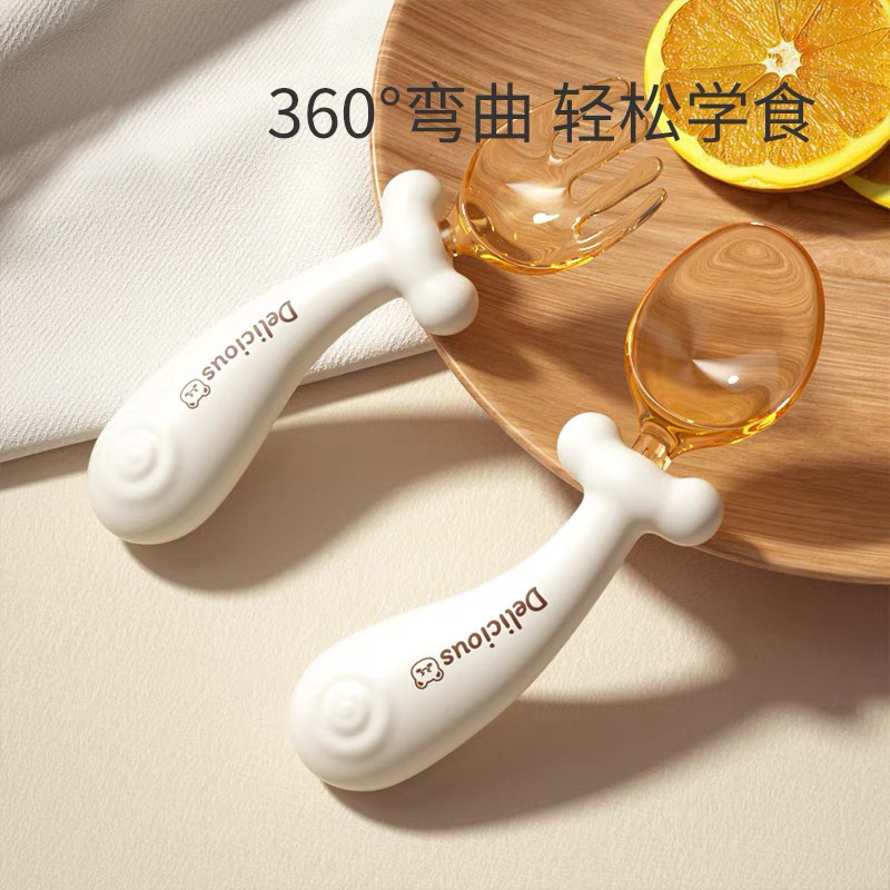 Baby PPSU fork spoon set baby twist spoon learning to eat training bendable children's tableware learning to eat complementary spoon