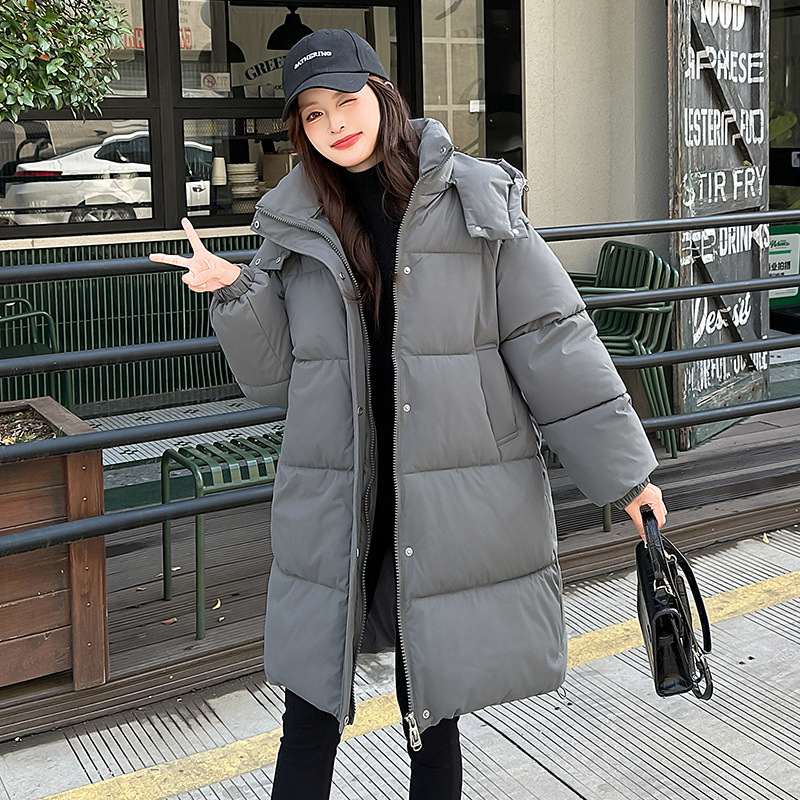 유럽과 미국의 다운 코튼 코트 여성 한국 스타일 느슨한 중간 길이 무릎 길이 코튼 코트 2025 가을, 겨울 새로운 빵 코트