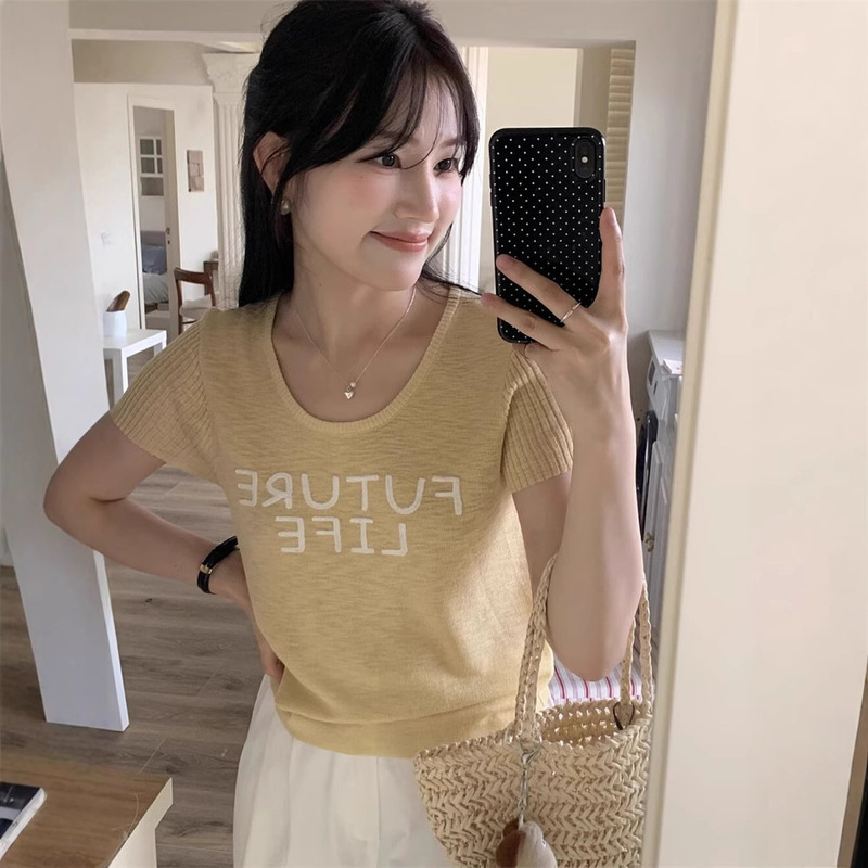 Korean Style Summer Korean Style Sweet Ice Silk Short-Sleeved T-Shirt Women's Thin Loose Letter Knitted Top