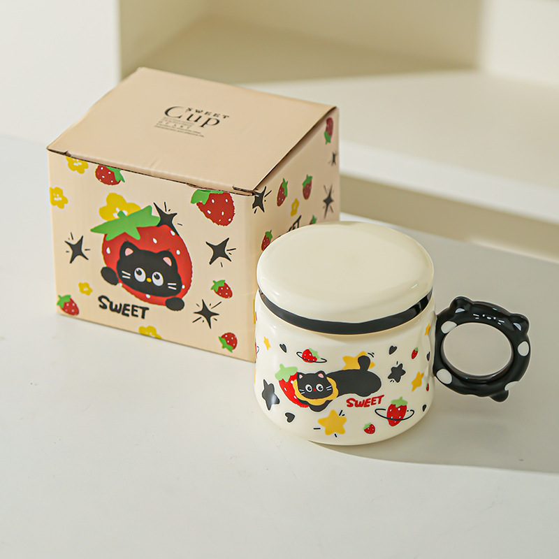 Regalo de cumpleaños Taza de dibujos animados para novias Taza de cerámica con tapa Regalo de mano Taza de agua para gatos lindos