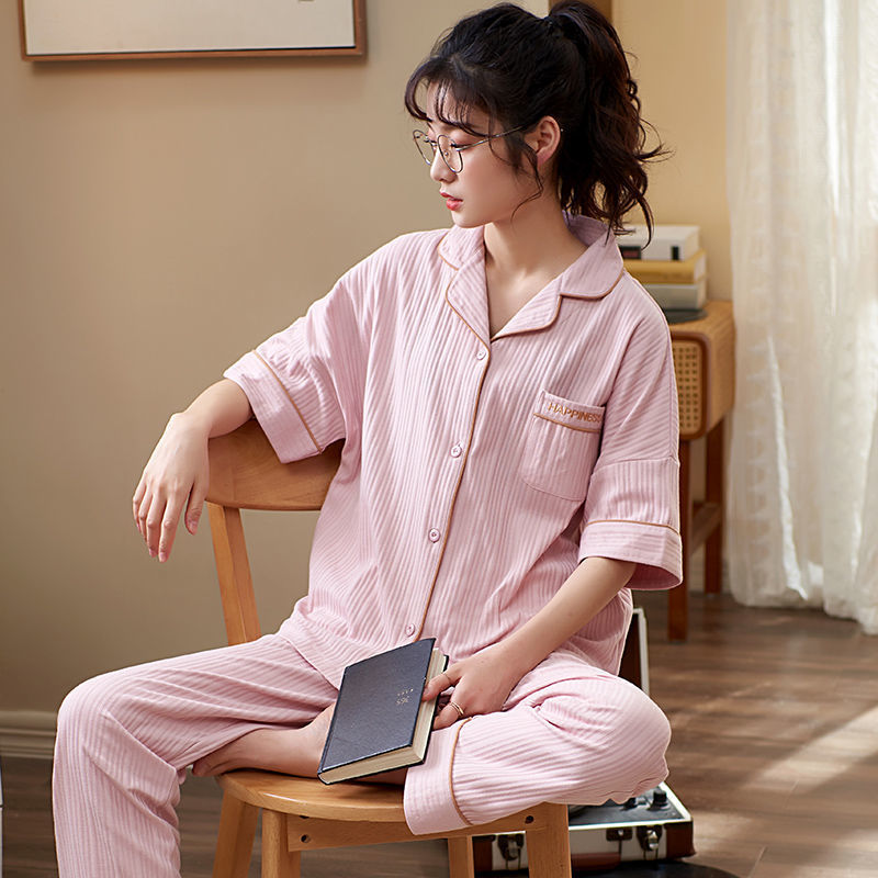 Pijamas mujer primavera y verano fino 100% algodón traje de dos piezas verano Pantalones de manga corta se puede usar fuera más tamaño homewear