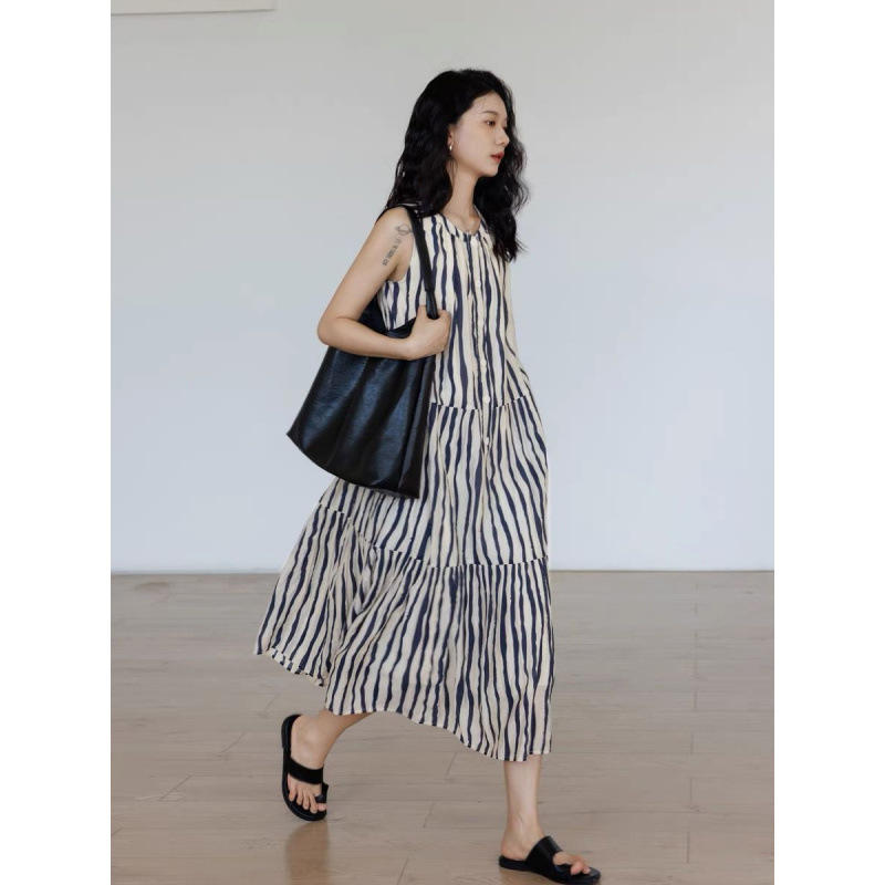 Relaxed Vest Dress for Women Summer 2025 New Round Neck Loose Stripesd A-Line Skirt Holiday Style Mid-Length Skirt