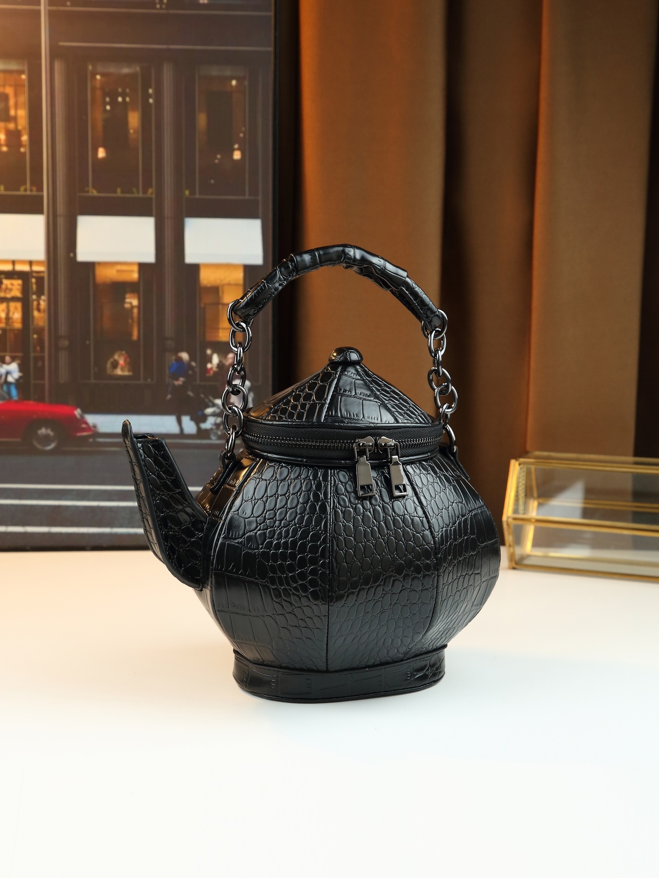 Quirky Crocodile Pattern Shoulder Bag Novelty Teapot Shaped Handbag_voghion.com