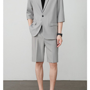 Cross-Border Summer Thin Short-Sleeved Suit Men's Quarter Shorts Casual Three-Quarter Sleeve Jacket Half-Sleeved Suit Suit Fashion