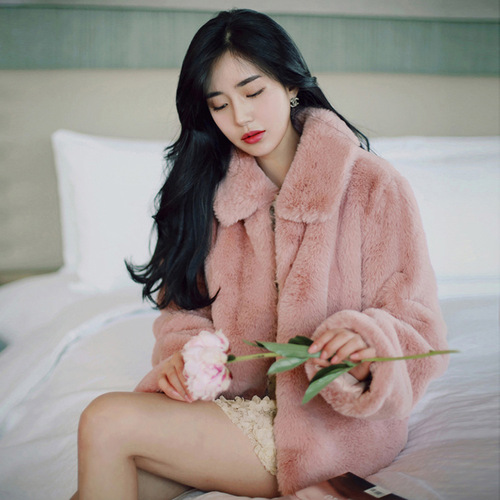 New spring and autumn Korean women's clothes in stock square collar fur Haining mink coat short imitation fur coat for women