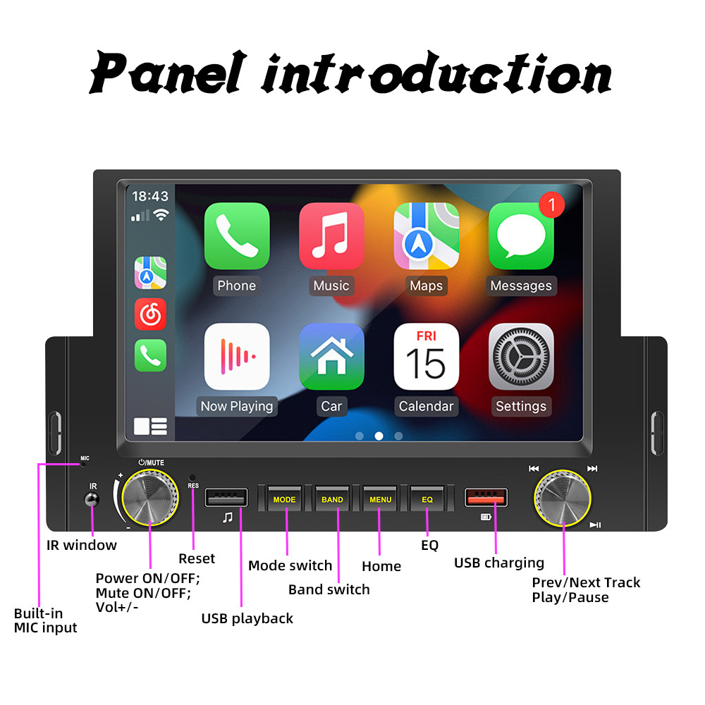 6.2inch Single-Cylinder Wired Carplay Android Auto Car Bluetooth Mp5 Player Radio Reversing Priority 12V