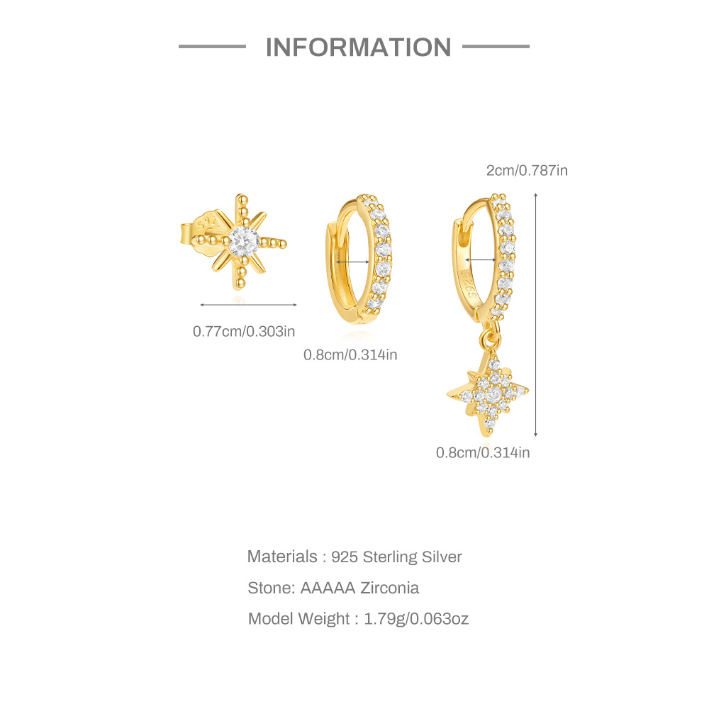 5g Weight 925 Sterling Silver Ear Needle Material Earrings Classification 3 Pieces Quantity Holiday, Travel, Selfie Occasion 925 Sterling Silver Material Geometric, Star Pattern Women's Gender Plating Design Simple Style Style 3 Pieces 925 Sterling Silver Geometric Star Earrings 2