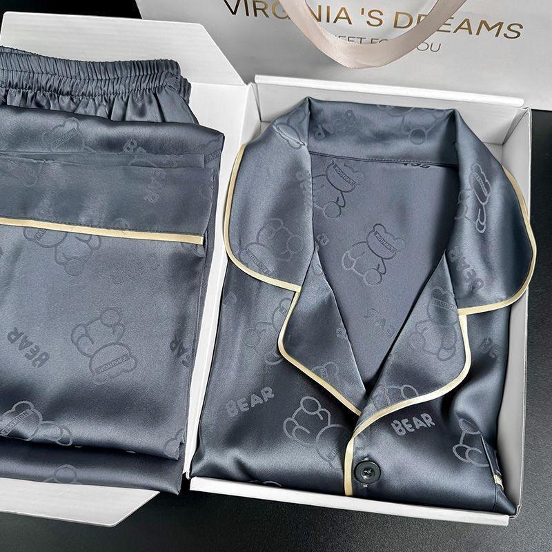 Bear Jacquard Ice Silk Pajamas Spring and Autum Long-Sleeved Pants Thin 2025 New Men's Cool Silk Home Clothes