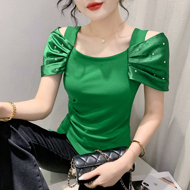 2025 Summer New Designer Off-Shoulder Patchwork Lace Short-Sleeve Asymmetrical Hem Slim-Fit Fashionable Blouse