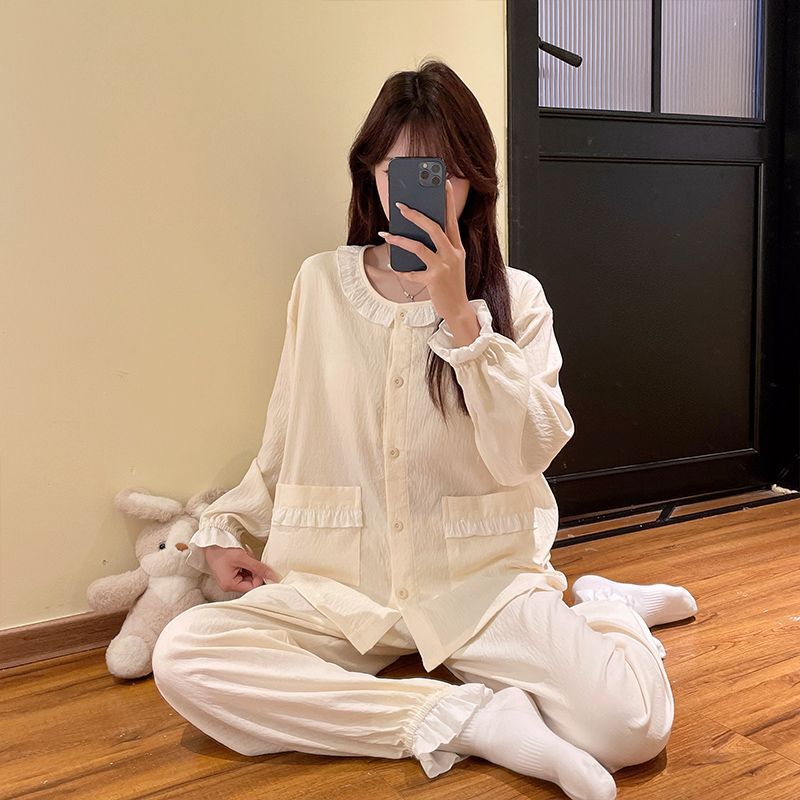 Solid color cloud cotton long-sleeve autumn cute princess style women's home wear Korean style warm pajama set