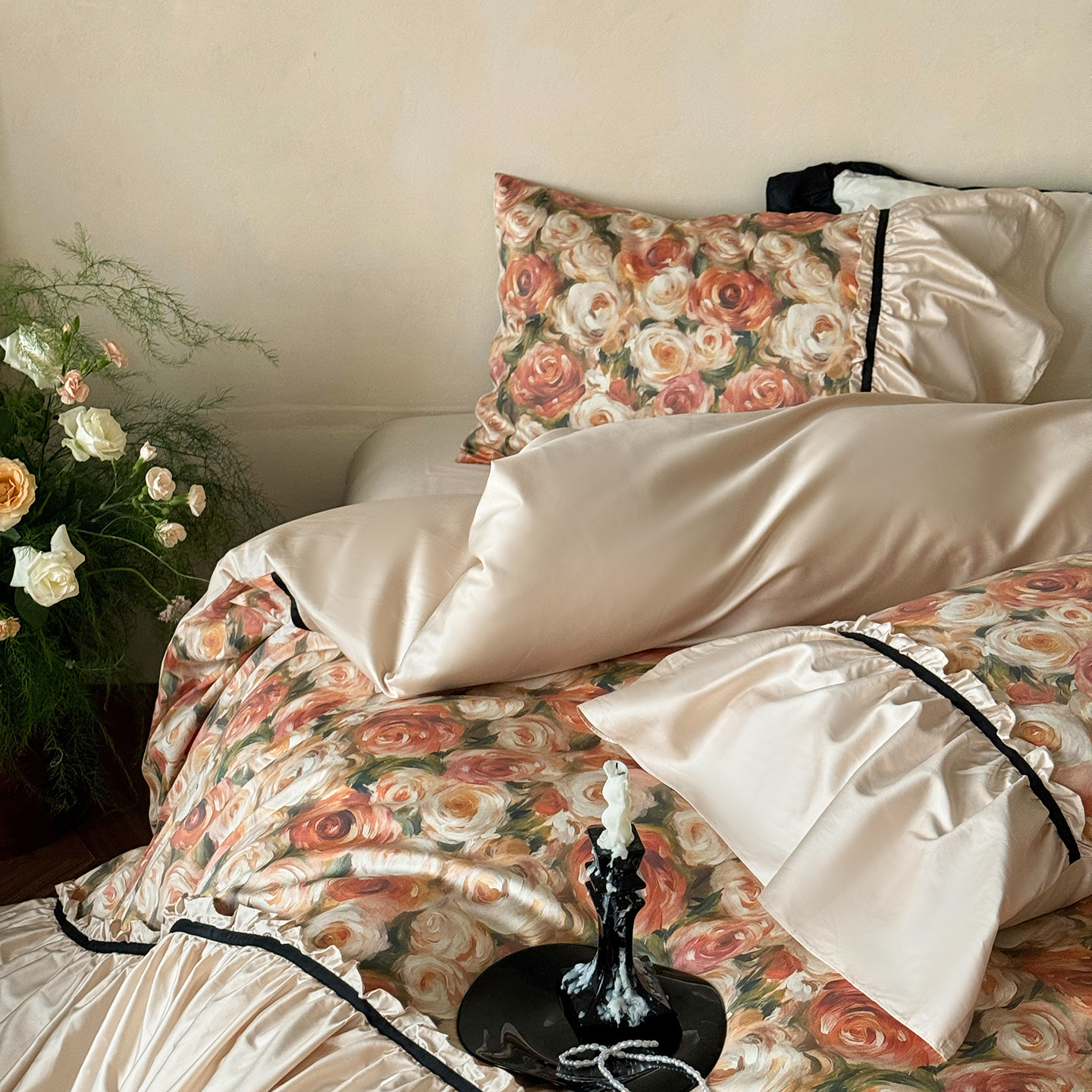 Jogo de cama de quatro peças em algodão de fibra longa, estilo boho francês nórdico vintage dos anos 50, com estampa digital em algodão de fio duplo._voghion.com