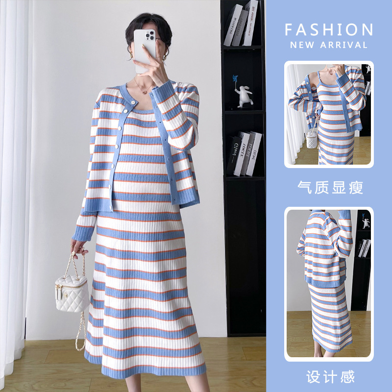 Maternity Wear 2023 Early Autumn High-End Striped Knit Camisole Dress Slimming and Body-Covering Cardigan Two-Piece Set for Casual Outerwear Maternity Wear 2023 Early Autumn High-End Striped Knit Camisole Dress Slimming and Body-Covering Cardigan Two-Piece Set for Casual Outerwear