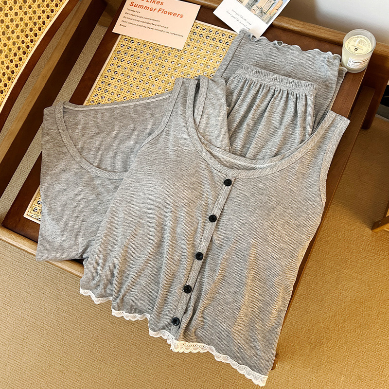 Women's Pajamas with Chest Pad 2025 Spring and Summer New Sexy Solid Color Thin Sweet Pure Style Three-piece Home Clothes