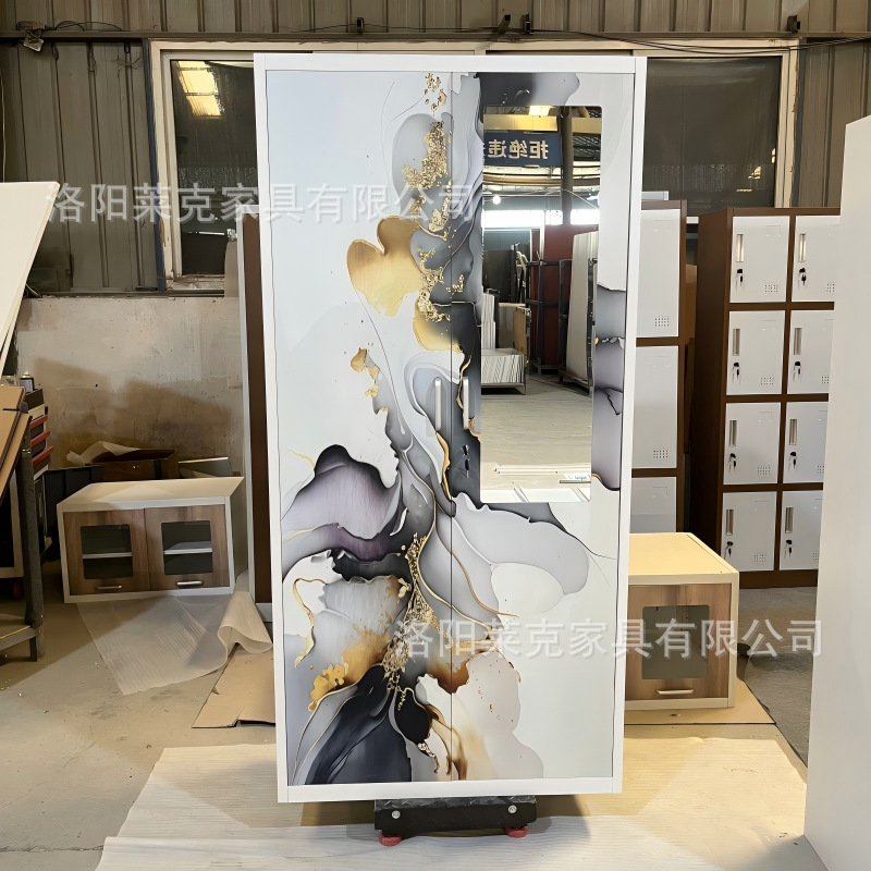 Gabinete de impresión de dos puertas deslizantes armario de acero espejo estética armario de almacenamiento de metal doméstico se puede personalizar simple armario de metal de viento image 17