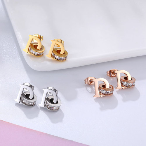 New Personality Gold D Letter Square Diamond Earrings Creative Style Simple Girl Earrings Rose Gold Earrings Wholesale