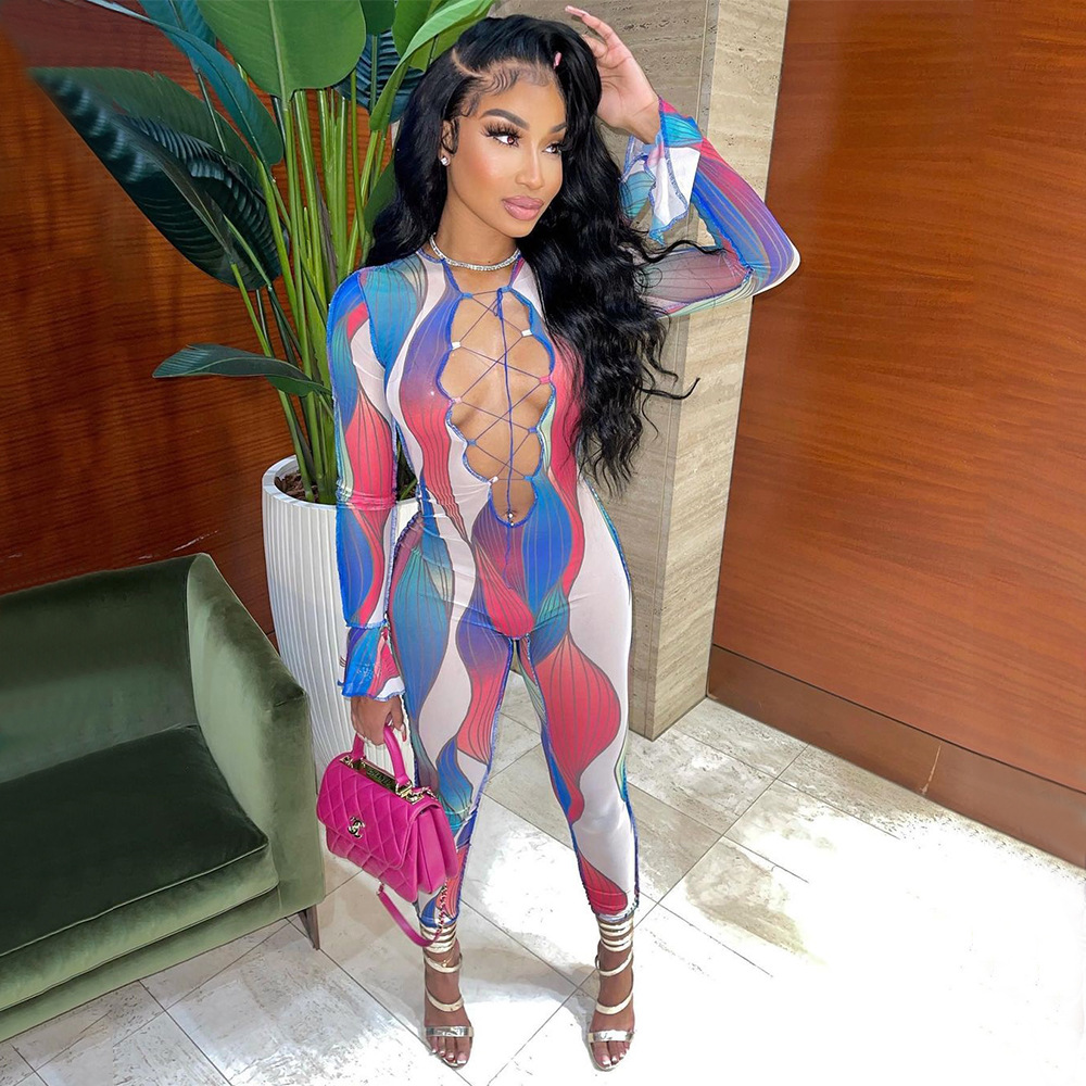 Autumn Sexy Mesh See through Tied Long Sleeves Jumpsuit
