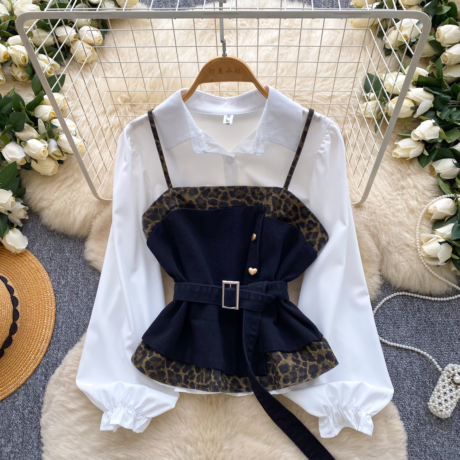 French Retro Women's Leopard Print Patchwork Two-Piece Set Belted Layered Vest Spring Autumn Waist Cinching_voghion.com
