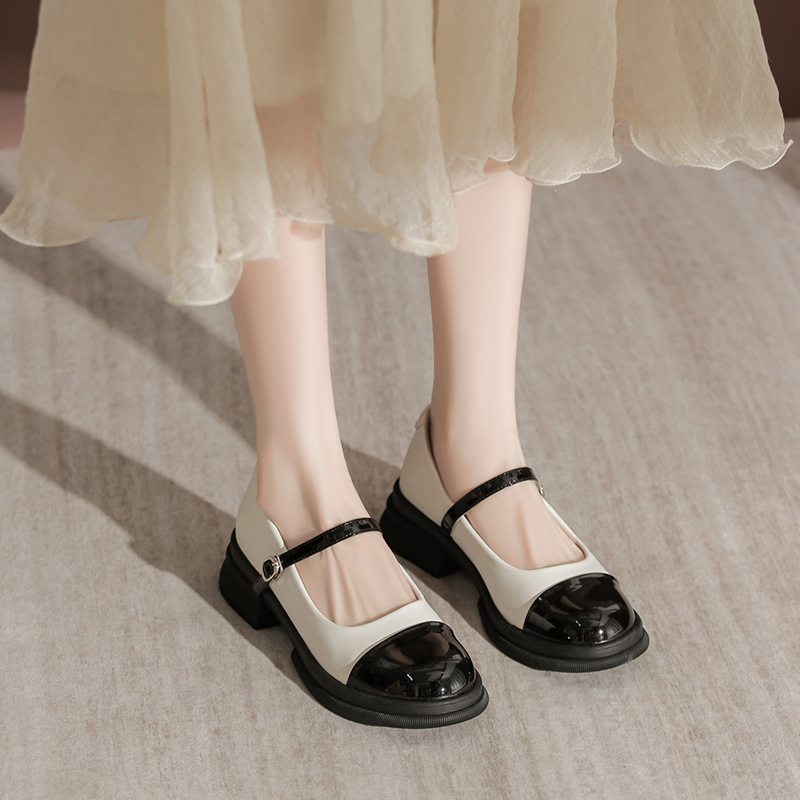 Cross-Border Black Apricot Color Block Genuine For Women Low Heel Slip-On British Style Rubber Sole French Mary Jane_vogvips.com