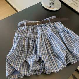 显半身裙子女新款遮肉夏感小个子2025高级a字短裙花苞蓝色格子