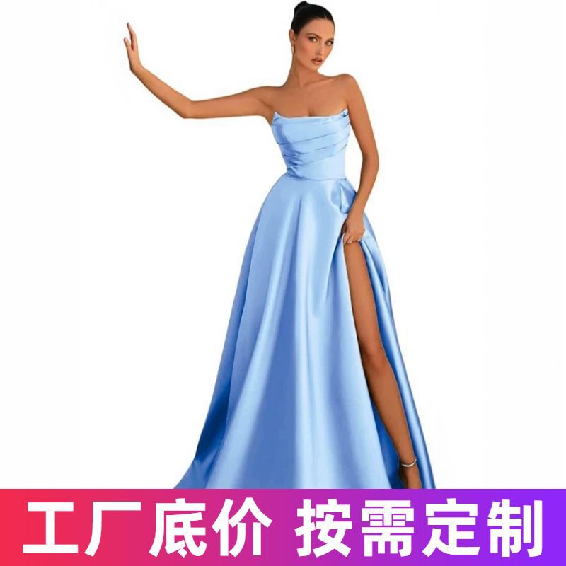 2026 New European and American Style Women's Satin Ball Gown Strapless Formal Dress with High Slit and Pleated Evening Dress 2026 New European and American Style Women's Satin Ball Gown Strapless Formal Dress with High Slit and Pleated Evening Dress