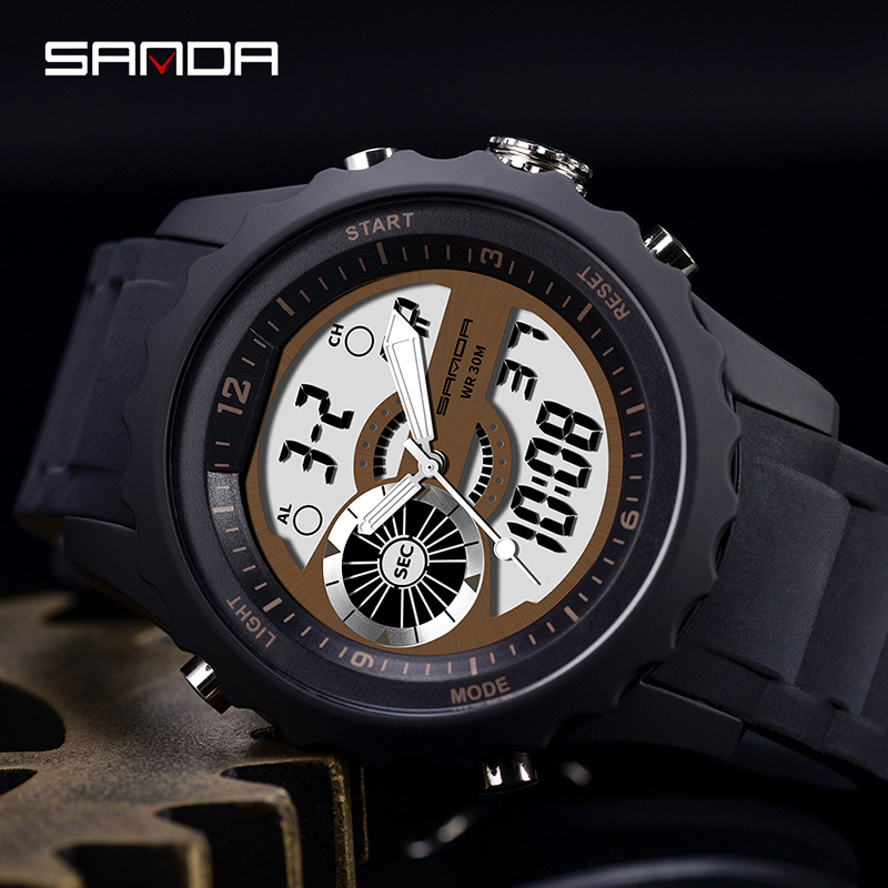 SANDA 769 impermeable multifuncional reloj deportivo al aire libre reloj electrónico de cuarzo de doble movimiento para hombres