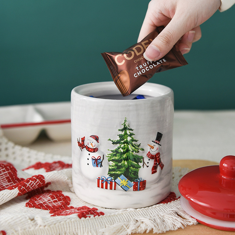 Nórdico de Navidad muñeco de nieve redondo sellado tarro grande de cerámica tarro de merienda creativo regalo de Navidad tarro de almacenamiento