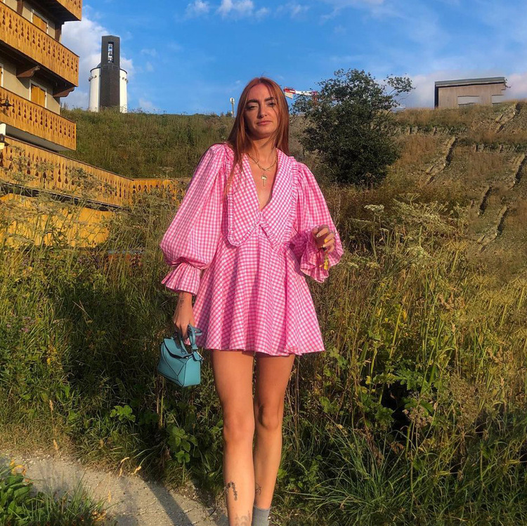 2026 Foreign Trade Cross-Border Women's Clothing Pink Plaid Butterfly Collar Long-Sleeved Dress with Elegant and Fashionable Design A-Line Skirt