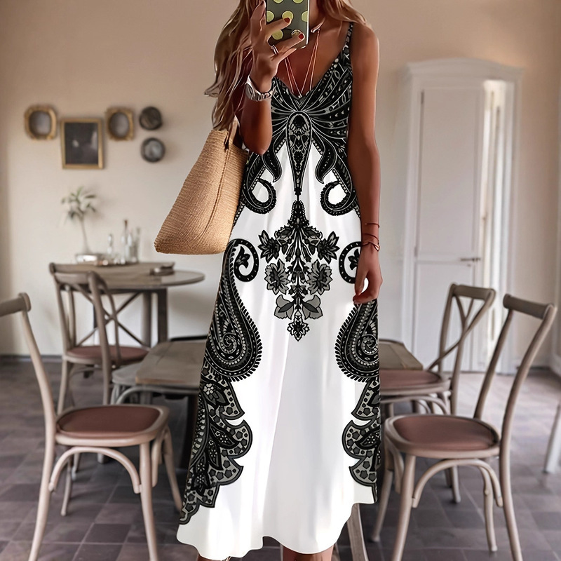 Ready Stock Women's Off-Shoulder Short-Sleeved Dress Western Aztec Bohemian Retro Style Dress for Women