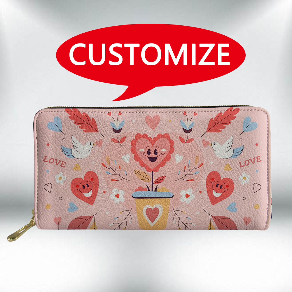 Billetera de mano para mujer de PU con temática de San Valentín, cartera de cuero con cremallera y monedero, suministro directo de fábrica.