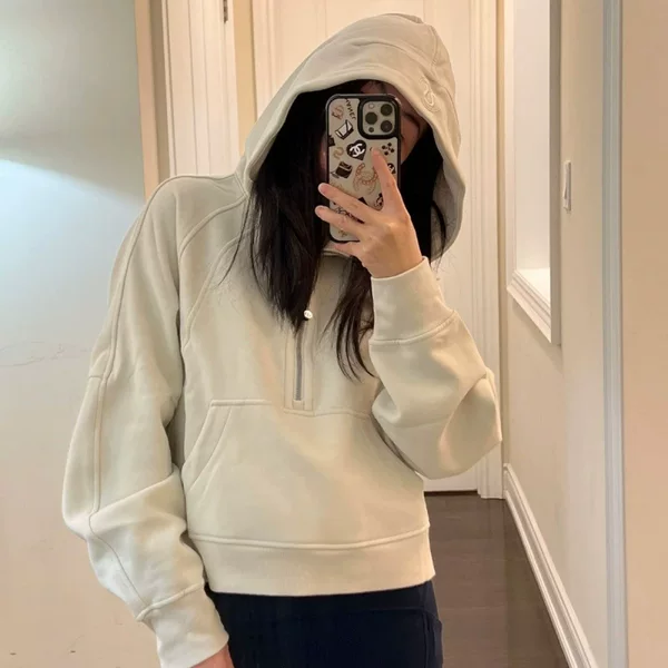 LULU Embroidered Original Label SCUBA Hooded Sweatshirt with Half Zipper, Loose Fit, Fleece-Lined Jacket, Sports Yoga Warm Top
