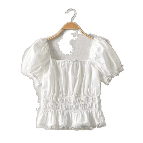 2025 Summer Women's Korean-style Sweet Short Waist-Slimming Niche-Design Bubble Sleeve Off-Shoulder Shirt