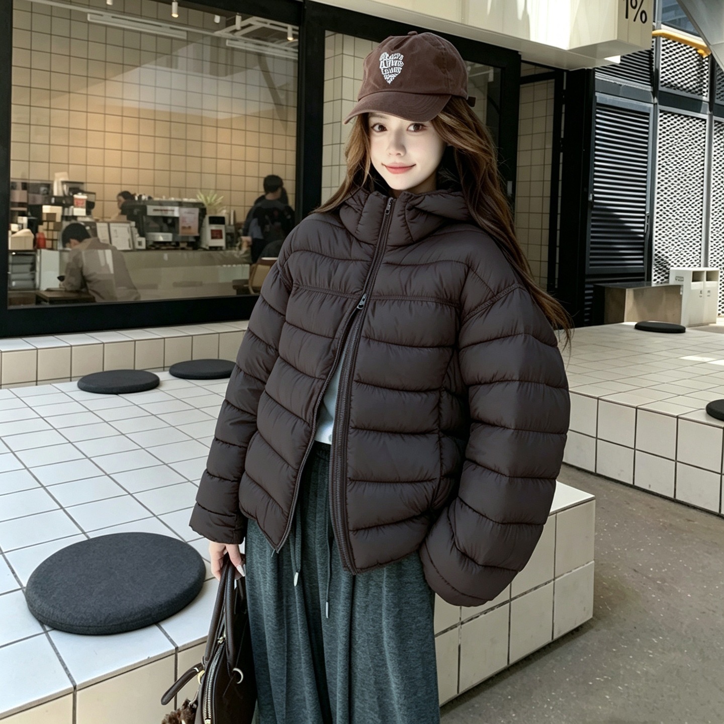 极简风格排骨保暖连帽棉服2026年冬季新款时尚韩版宽松棉衣厚外套