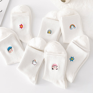 Couple Sports Mid-Calf Socks Breathable Foreign Trade Cross-Border Cotton Socks Wholesale White Stockings Autumn and Winter Women's Embroidered Socks