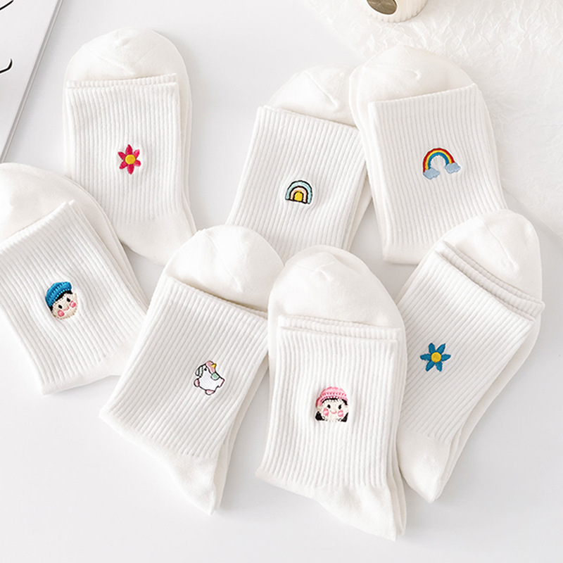 Couple Sports Mid-Calf Socks Breathable Foreign Trade Cross-Border Cotton Socks Wholesale White Stockings Autumn and Winter Women's Embroidered Socks