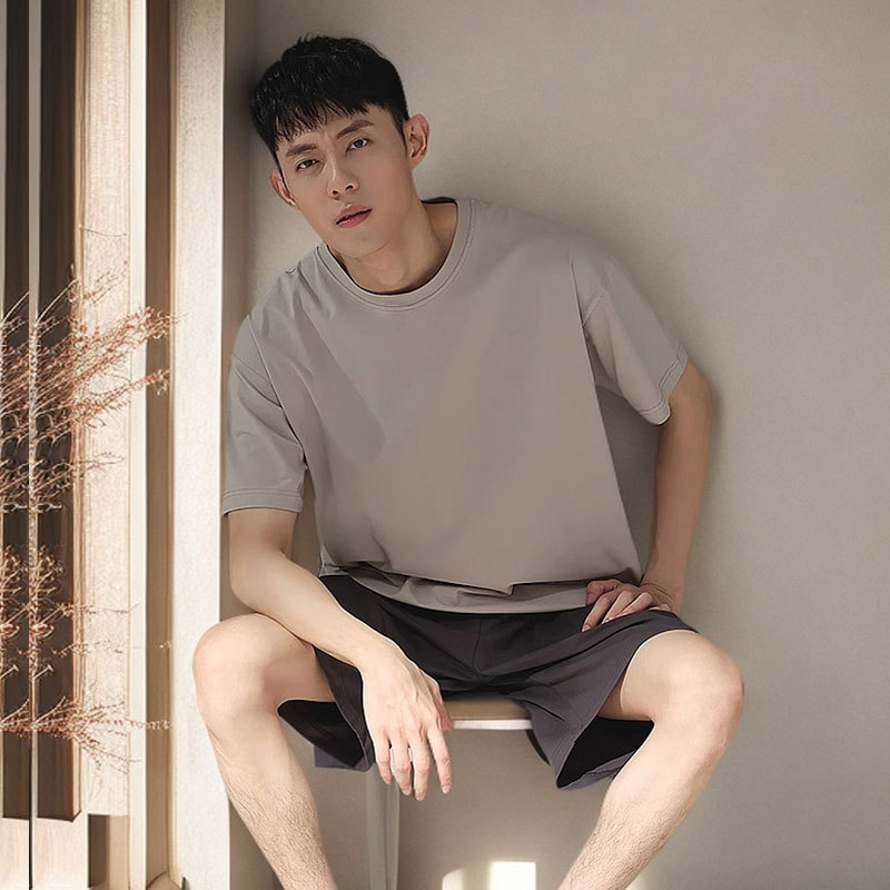 Summer New Men's Pajamas Thin Round Neck Loose Casual Simple Solid Color Short-Sleeved Shorts Home Clothes