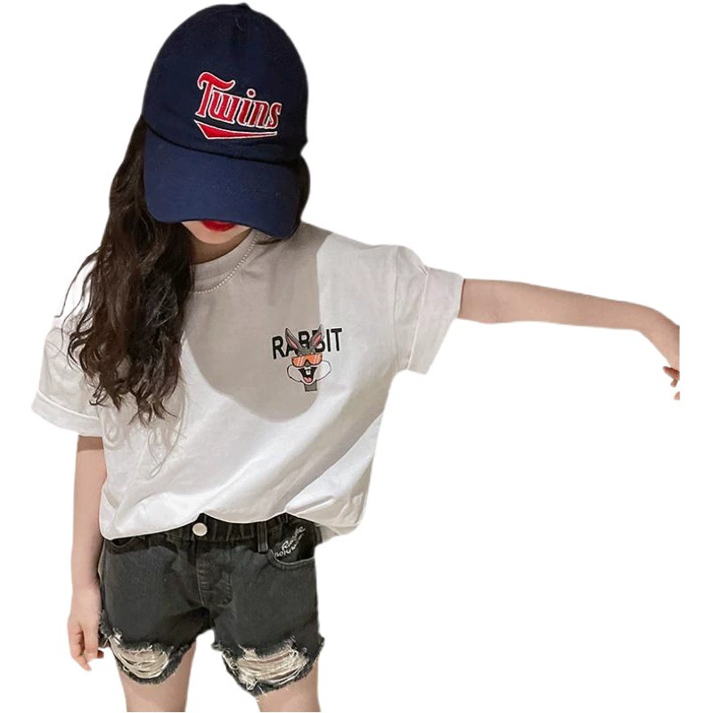 Трансграничный экспорт популярной детской одежды, футболки для девочек, летние детские футболки с короткими рукавами, средние и большие детские топы для девочек, летняя одежда с половиной рукавов, модная одежда