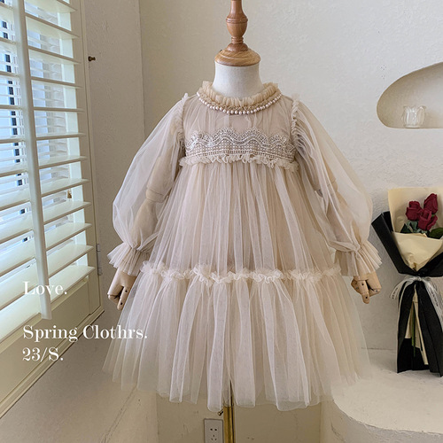 Girls' Dresses Spring and Autumn 2024 New Style Children's and Baby Girls' Style Lace Splicing Puffy Shape Princess Dress