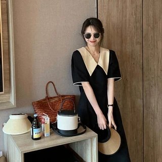 胖大码女装法式领连衣裙女夏季小黑裙高级感收腰显瘦长裙200斤