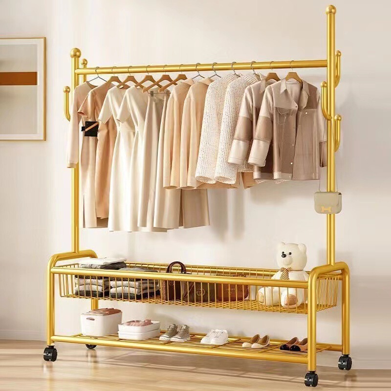 Clothes Hanger Floor Bedroom Hanger Movable Wheeled Household Living Room Balcony Clothes Hanger Single Rod Coat Rack Basket