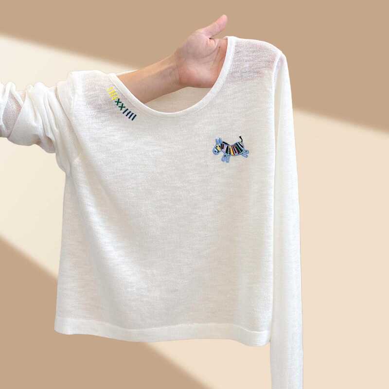 Letter Cartoon Embroidered White Knitwear for Women 2025 Early Autum New Long-Sleeved T-Shirt Top with High-End Style Letter Cartoon Embroidered White Knitwear for Women 2025 Early Autum New Long-Sleeved T-Shirt Top with High-End Style