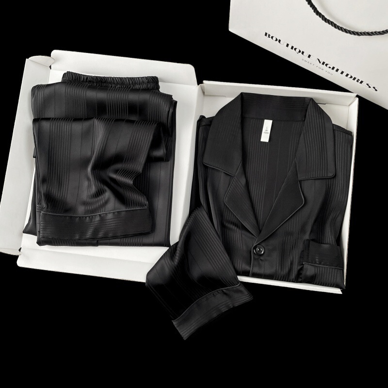Men's long-sleeve ice silk pajamas for spring and autumn, satin imitation silk with a high-end feel, striped jacquard black ice silk home wear