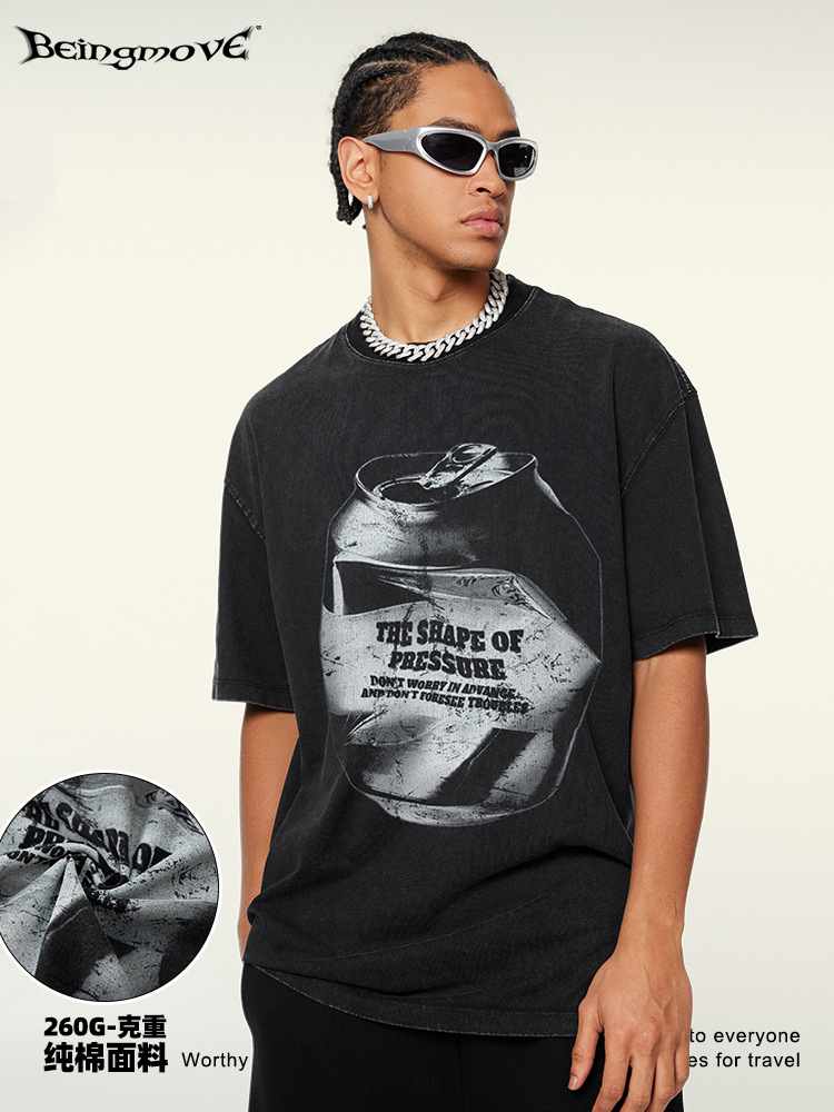 2025 verano americano marcas de tendencia de tamaño europeo in latas impresión de hombro pesado camiseta de manga corta gran ropa de hombre comercio exterior