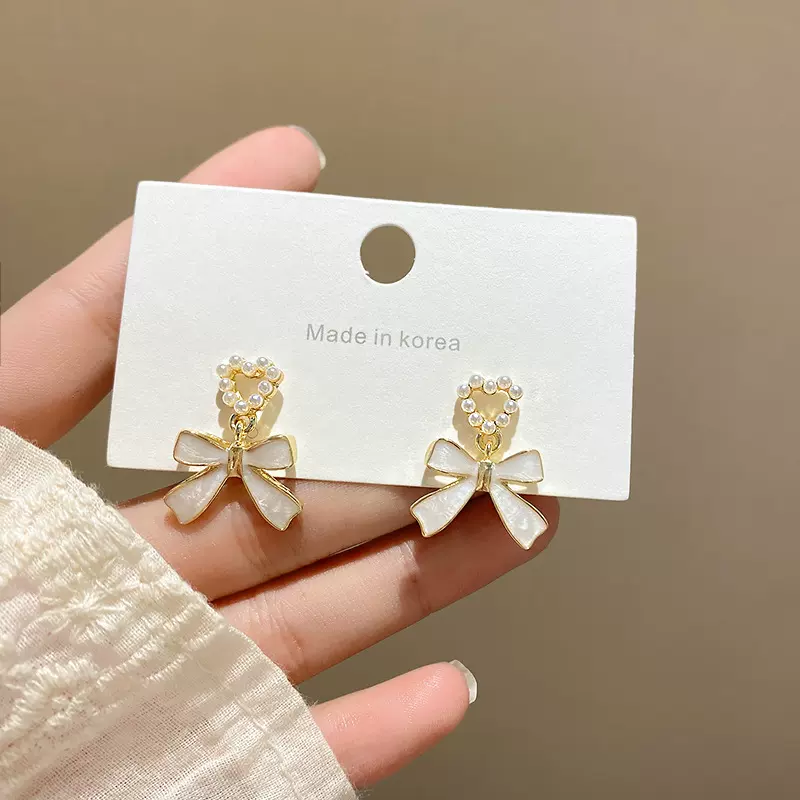 S925银针甜美气质白色蝴蝶结爱心耳钉气质百搭少女珍珠耳环耳饰潮