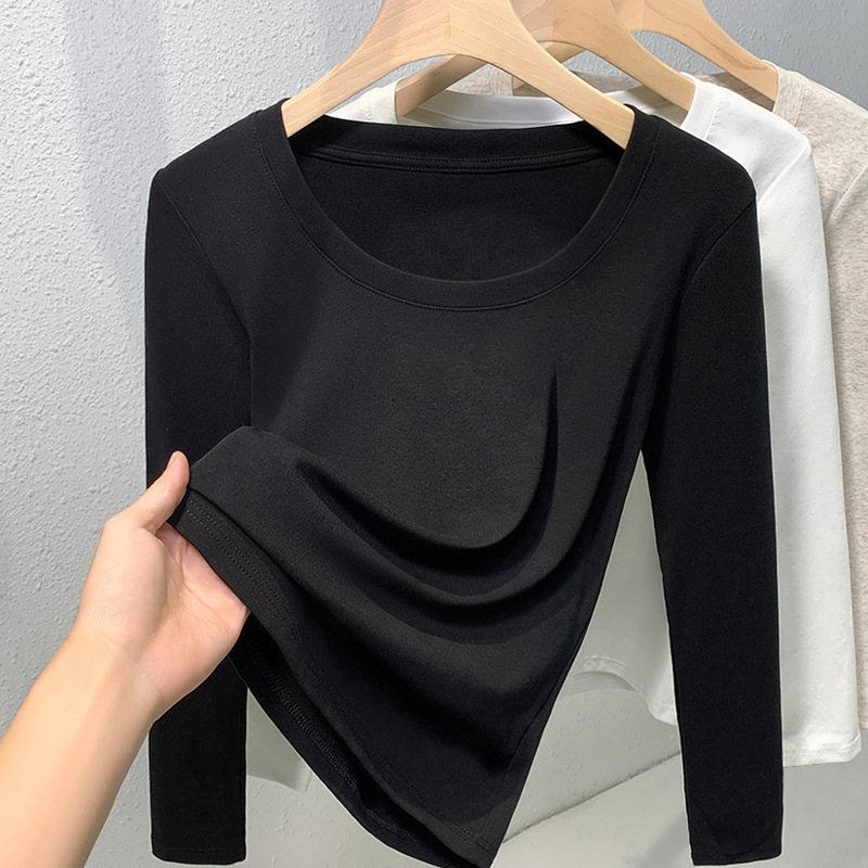 Camiseta de manga larga de cuello redondo femenina negra con base de camiseta de base otoño / invierno 2024 nueva camiseta delgada
