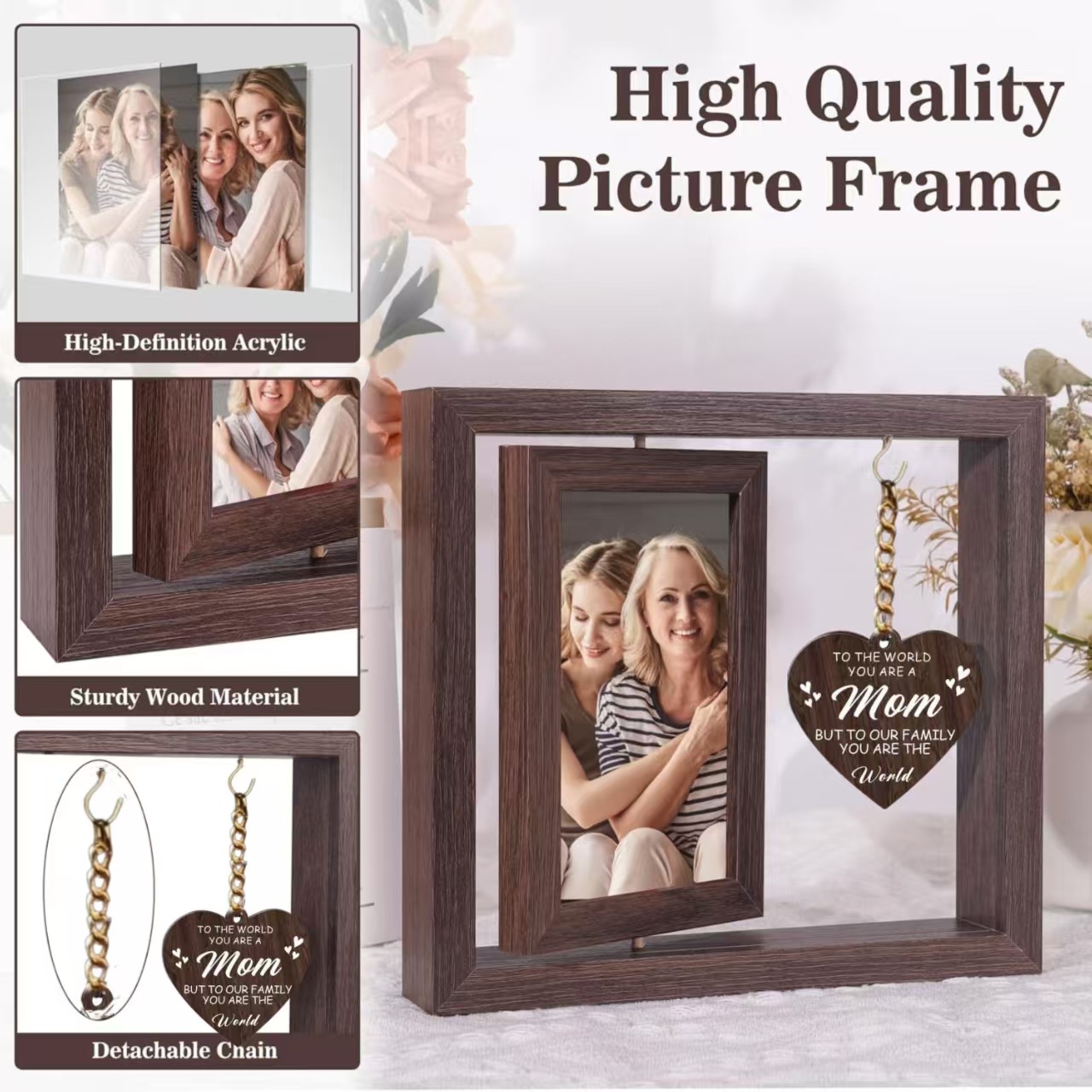 Venta caliente transfronteriza marco de fotos conmemorativo giratorio de 360 grados, marco de fotos de madera de regalo festivo del día de la madre