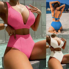 新款欧美速卖通bikini纯色坑条系带露背性感比基尼泳衣泳装女
