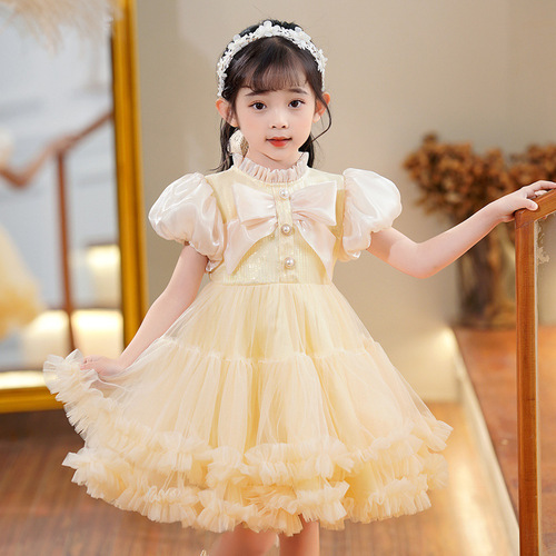 Girls dress skirt puff sleeve short princess dress mesh flower girl dress piano performance small host dress