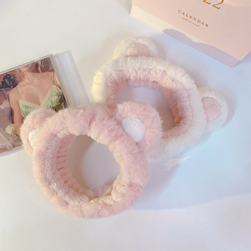 Original design autumn and winter fluffy bear round ear hair tie with rabbit fur embroidery ears face washing makeup hair tie